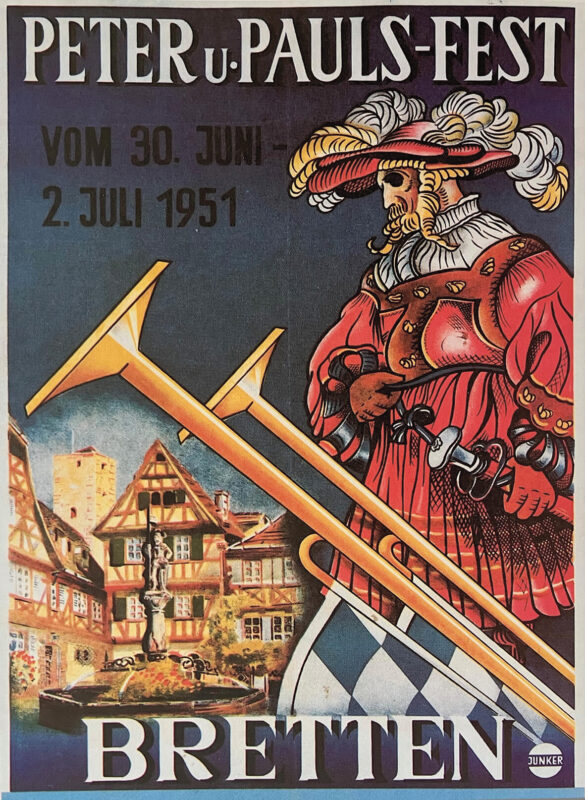 Robert Junker entwirft mit der Lithografie „Landsknecht und Fanfaren vor dem Marktplatz“ die ersten Peter-und-Paul Plakate. Druckerei Esser stellt das Festprogramm her und 17.000 Handzettel machen in der Umgebung von Bretten Werbung für das Fest.